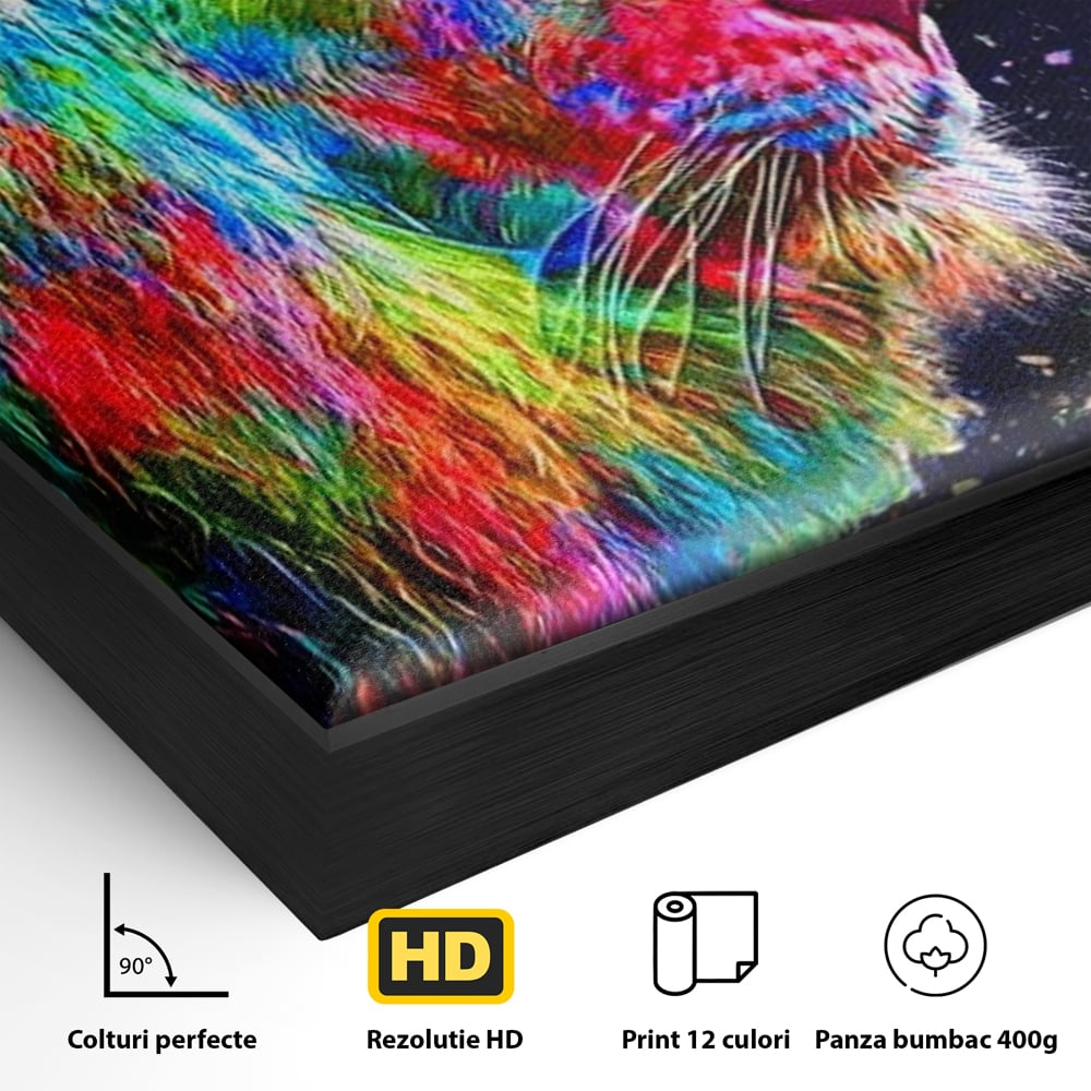 Detaliu al suprafetei: tablou canvas cu profil de leu multicolor, in rama de aluminiu negru